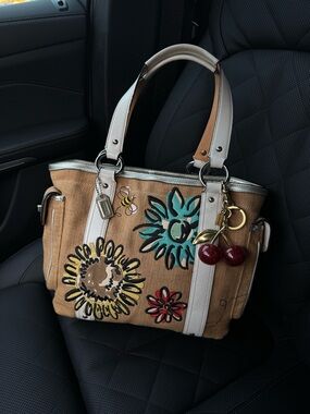 Coach Limited Edition Floral Bumblebee Woven Raffia and Burlap Tote Bag
